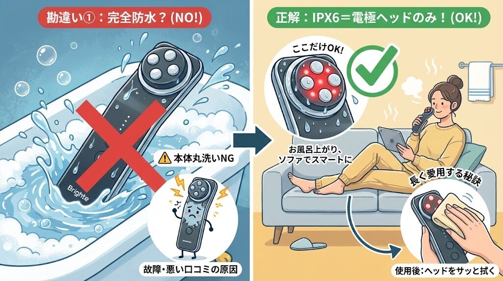 勘違い①:完全防水だと思っている(※IPX6対応は「電極ヘッド部分のみ」!)