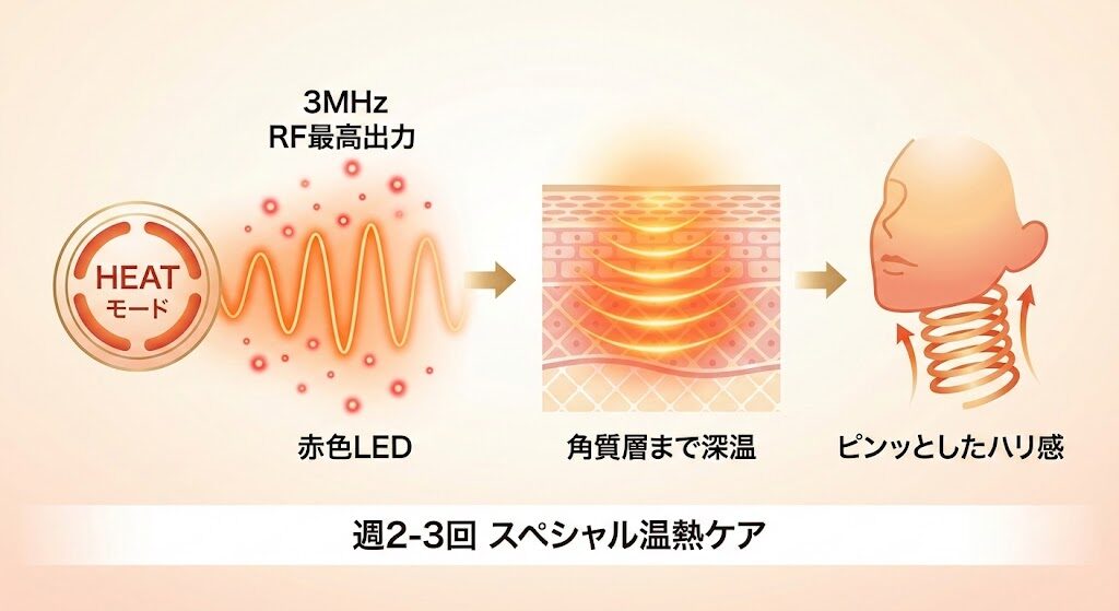 最高出力3MHzのRF搭載！「HEATモード」で叶える本格温熱ケア